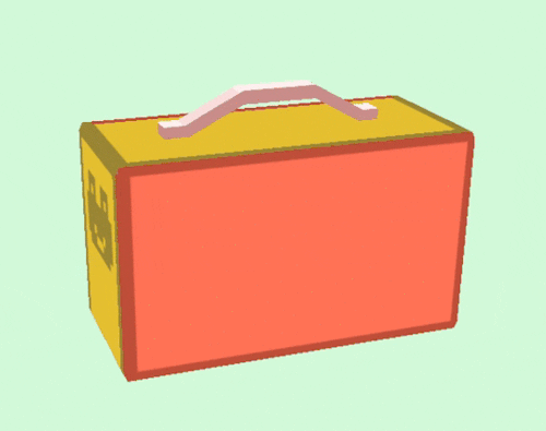 Yellow and orange suitcase with a pink handle on a light green background