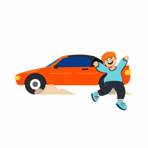 Cartoon orange car with a person dancing beside it on a white background