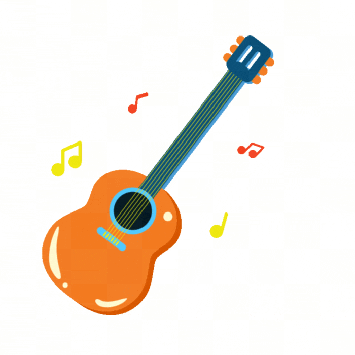 Orange acoustic guitar with colorful musical notes on a white background